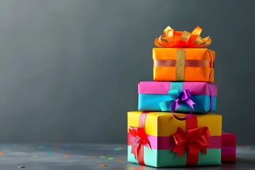 Stack of colorful gift boxes with ribbons on a gray background. Perfect for celebrations, birthdays, and holidays.