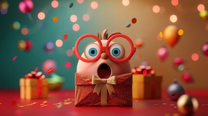 Animated surprised character with big glasses, surrounded by colorful confetti and gift boxes in festive setting.