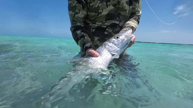 Angler removing hook from bonefish in clear turquoise waters