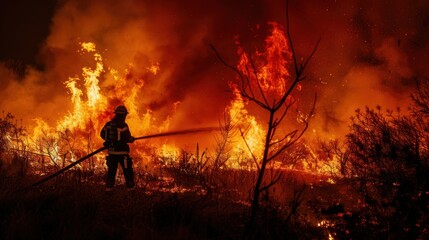 Fototapeta premium Firefighter battles raging wildfire at night