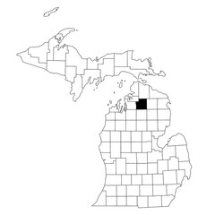 Map of otsego County in Michigan state on white background. single County map highlighted by black colour on Michigan map. UNITED STATES, US