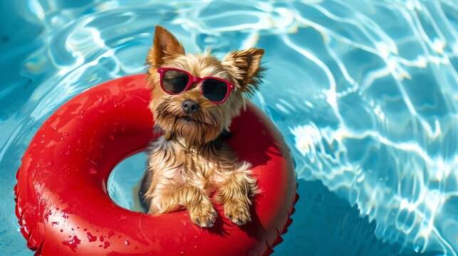 Cute dog wearing sunglasses in a pool float