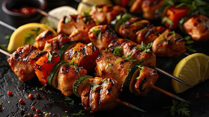 Grilled chicken skewers with vibrant vegetables and lemon slices, garnished with fresh herbs, perfect for a delicious and healthy meal.