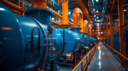 Industrial interior with large blue pipes and orange machinery