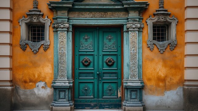 Vintage Ornate Doorway in Historic European Building with Orange Walls