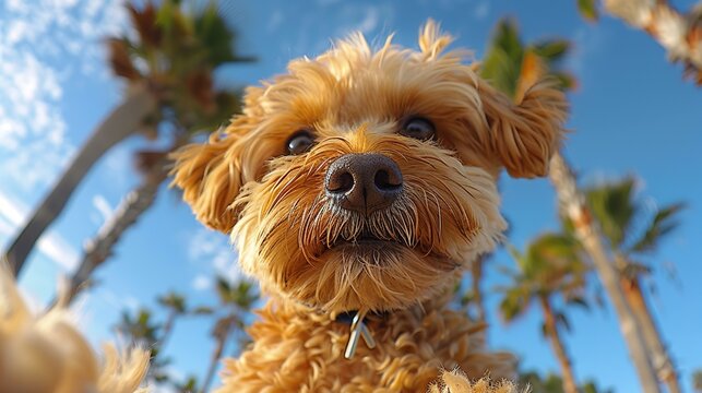 Adorable Poodle Dog Looking Up at the Camera with Palm Trees and Blue Sky in the Background