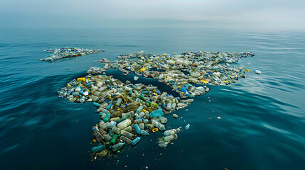 A large patch of garbage, consisting of plastic waste debris, floating in vast ocean. The critical issue of marine pollution, emphasizing urgent need for environmental conservation, waste management