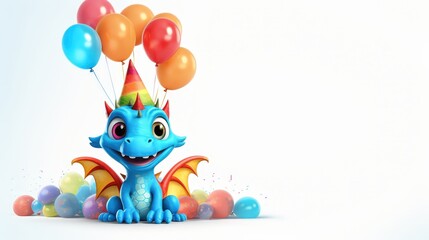 Fototapeta premium Happy Birthday Dragon with Balloons and Confetti