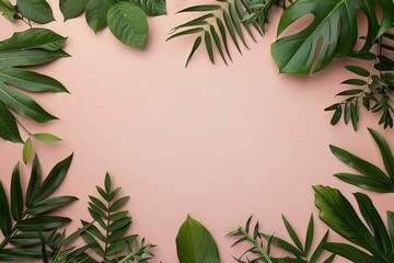 Summer tropical leaves border, blank center, fresh and lush foliage