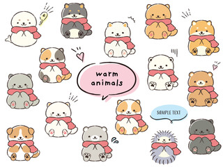 マフラーを巻いた手描きの動物セット(ふきだし・記号付き)