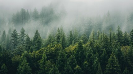 Lush evergreen forest cloaked in morning mist