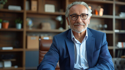 Fototapeta premium A charismatic senior CEO in a blue suit and eyeglasses sitting in his office with a satisfied expression