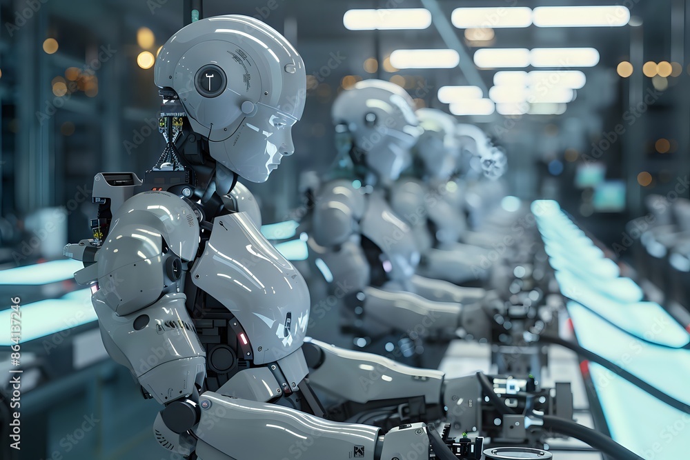 Poster futuristic robots working in a high-tech factory, showcasing the advancements of artificial intellig