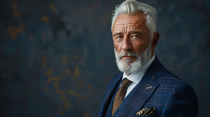 A charismatic senior CEO in a blue suit and eyeglasses sitting in his office with a satisfied expression