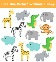 Find One Picture Without a Copy for Preschool Children. Find same picture worksheet for kids. Worksheet for kindergarten-aged children with cute safari animals illustration.