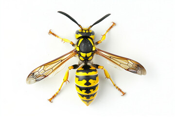 Top view of a Common wasp, Vespula vulgaris, isolated on a white background, showcasing detailed patterns and textures.