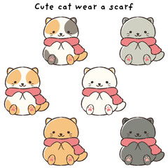 マフラーを巻いた手描きの猫のイラストセット