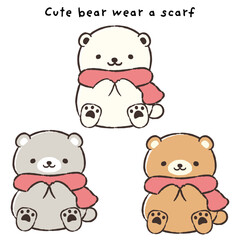 Naklejka premium マフラーを巻いた手描きのクマのイラストセット