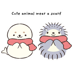 マフラーを巻いた手描きのアザラシとハリネズミのイラストセット © Daphnia