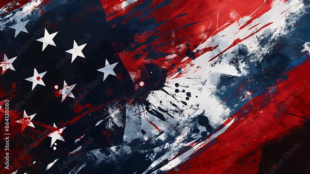 Poster 3. produce a stylized digital artwork featuring a usa flag painted background, emphasizing bold colo