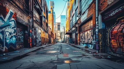 Fototapeta premium Graffiti-covered alleyway in an urban neighborhood