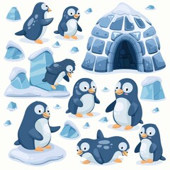 Obraz premium A set of four penguins in various poses, with one of them holding a baby penguin