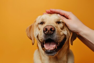 A dog whose head is rubbed smiles happily