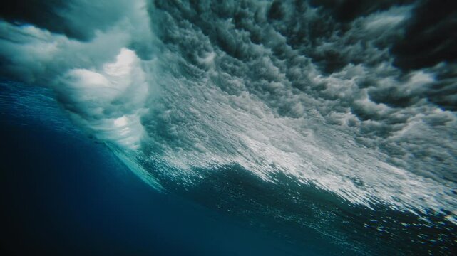 Pan underwater follows surfer riding wave at Cloudbreak Fiji view from below of textured water