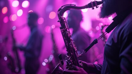 Fototapeta premium Saxophonist performing on stage with colorful lights