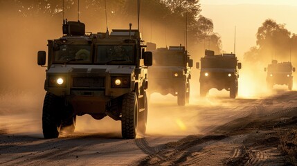 Fototapeta premium Military vehicles driving down a dusty road at sunset