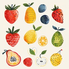 A set of watercolor paintings of various fruits, including oranges, bananas