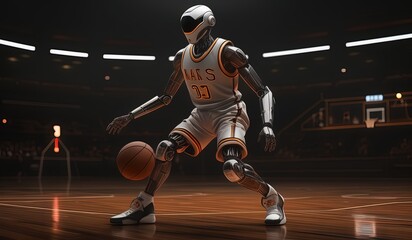 Fototapeta premium basketball robot player. robot wearing a jersey playing basketball. robot model basketball athlete.