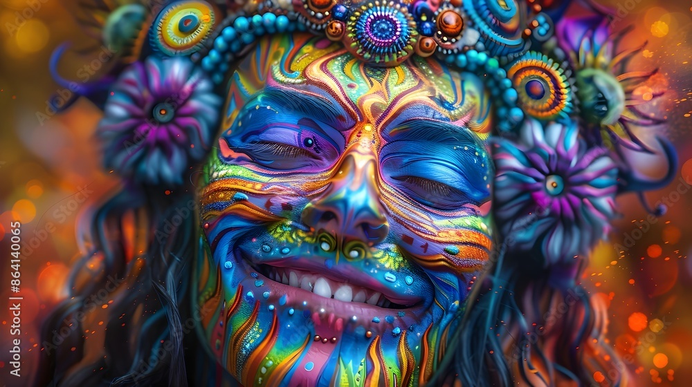 Poster vibrant and intricate psychedelic fractal design with kaleidoscopic patterns and surreal visuals
