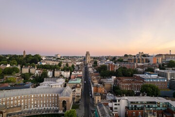 Aerial view of the scenic Bristol City center at sunrise, UK