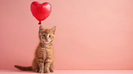 Fototapeta premium A cute orange kitten is holding a red heart in its mouth