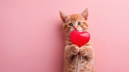 Obraz premium A cute orange kitten is holding a red heart in its mouth