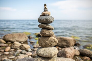A stack of balanced stones on a rocky beach with the ocean in the background on a clear day