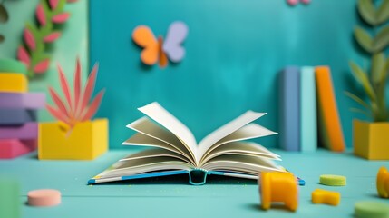 Fototapeta premium Colorful Desk with Open Textbook and Vibrant Stationery Supplies Inspiring Academic Learning