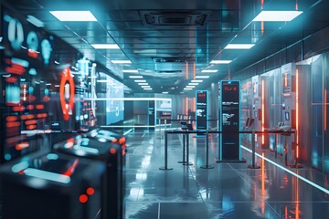 Futuristic Technology Center with Control Panels and Digital Displays