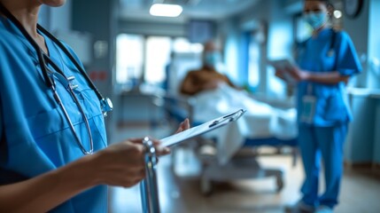 Healthcare professional holding a clipboard in a hospital