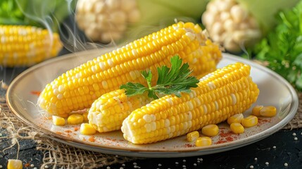 Freshly steamed corn on the cob served on a ceramic plate with garnishing. Delicious and healthy food option perfect for summer meals.
