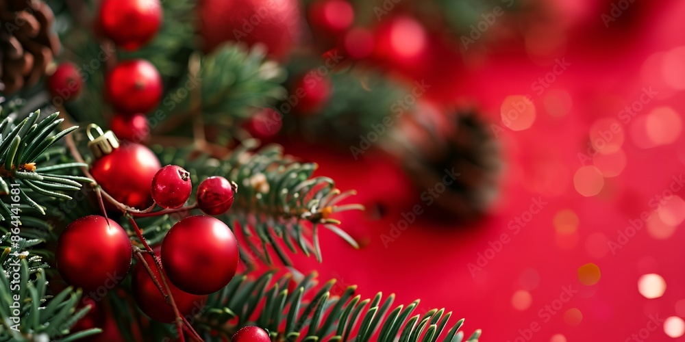 Poster a red background with a christmas tree with red berries and a pine cone