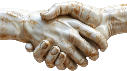 Close-up of two marble hands shaking, symbolizing partnership and unity, isolated on a white background. Artistic and elegant handshake sculpture.
