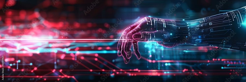 Poster a hand is reaching out to touch a screen. the image is a representation of technology and the idea o