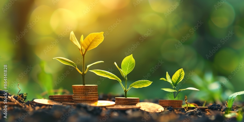 Aufkleber three plants are growing on top of three piles of coins. the coins are arranged in a way that they a
