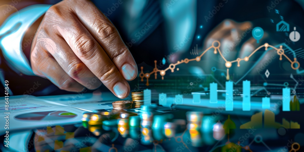 Poster a hand is reaching for a pile of coins on a table. the coins are scattered around the table, with so