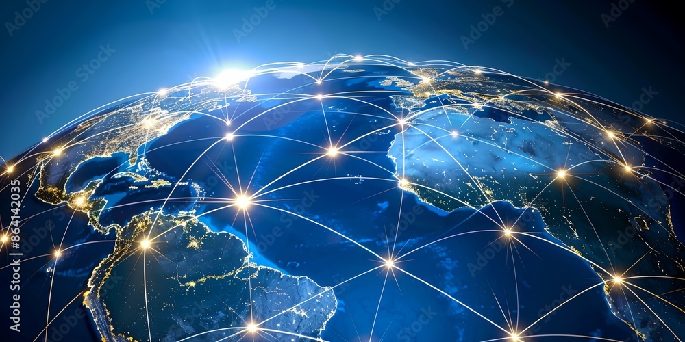 Aufkleber a blue globe with a network of lines connecting the continents. the globe is lit up with a blue and 