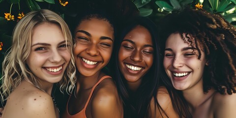 Fototapeta premium Four women with different hair types and skin tones are smiling and posing for a photo. Scene is happy and friendly, as the women are enjoying each other's company and sharing a moment together