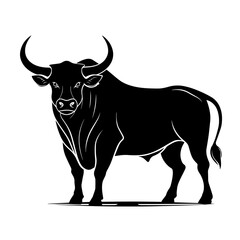 A black bull with horns stands in front of a white background
