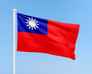 Realistic Taiwan national flag on stick on sky background. Flag illustration
